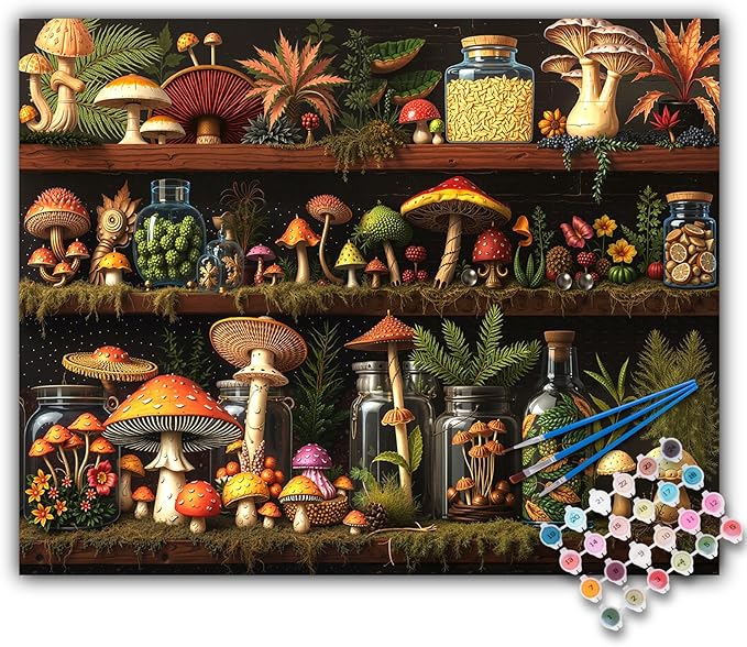 Offito Paint by Numbers Kit for Adults - Mushroom Acrylic Adult Paint by Number Kits on Canvas for Beginner, Shelf DIY Oil Painting by Numbers for Adults Kit, Perfect for Home Decor Gift 16"x20"