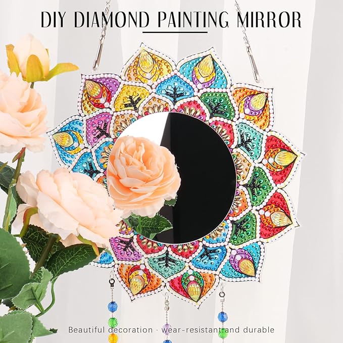 DIY Diamond Painting Mirror, Mandala Makeup Mirror, Special Shaped Crystal Suncatcher for Beginner Arts Crafts Gifts Home Decor 7.9 Inch