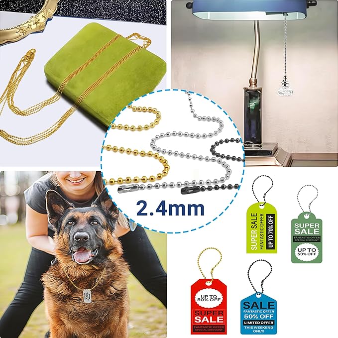 33 Feet Ball Chain Necklace, 2.4mm Ball Bead Chain with 30 Pieces Connectors Clasps, Metal Ball Chain for Dog Tag, Ceiling Fan Pull Chain Extender, Jewelry Making Kit, DIY Crafts (Silver)