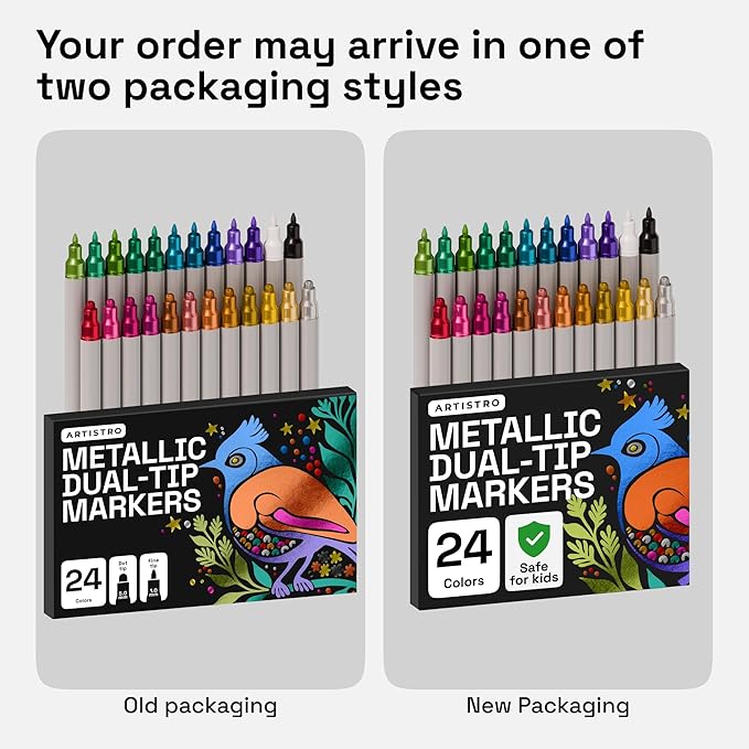 ARTISTRO 24 Metallic Acrylic Paint Markers for Rock, Fabric, Wood, Glass, Eggs - Dual-Tip Paint Pens for Coloring Books for Adults, Teens - Art & Craft Supplies - Gift Idea - Easter Basket Stuffers