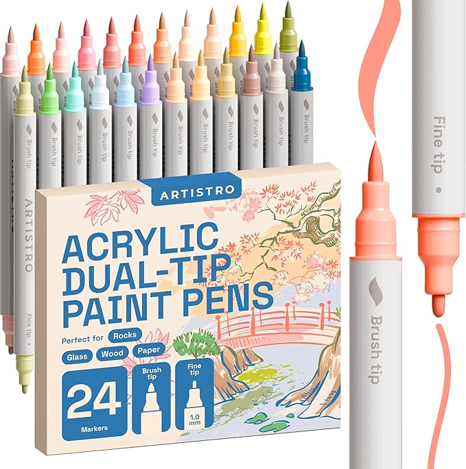 ARTISTRO 24 Pastel Acrylic Paint Markers - Paint Pens for Drawing, Brush + Fine Tips - For Fabric, Rock, Glass, Wood, DIY, Eggs - Art & Craft Supplies for Adults, Teens, Kids - Easter Basket Stuffers