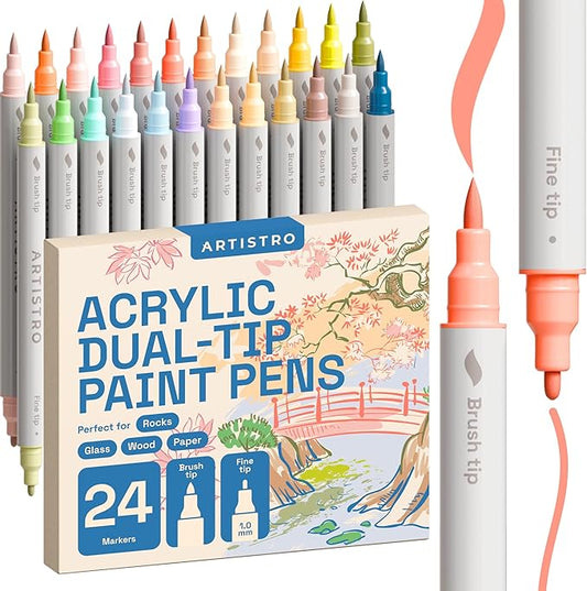 ARTISTRO 24 Pastel Acrylic Paint Markers - Paint Pens for Drawing, Brush + Fine Tips - For Fabric, Rock, Glass, Wood, DIY, Eggs - Art & Craft Supplies for Adults, Teens, Kids - Easter Basket Stuffers