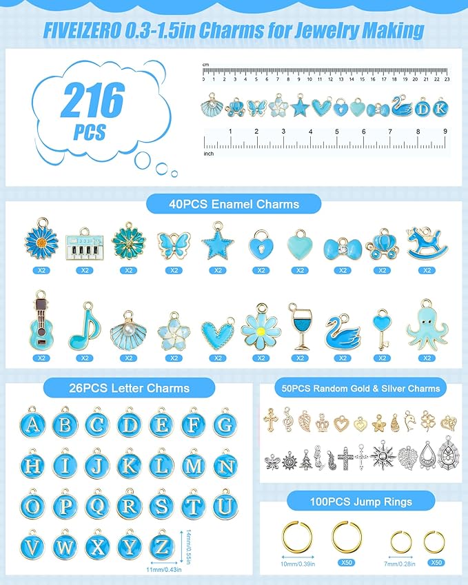 FIVEIZERO 216PCS Bracelet Charms for Jewelry Making – Assorted Gold & Silver Metal Enamel Pendants with Jump Rings for Necklaces, Earrings, & DIY Jewelry Crafts(Blue)