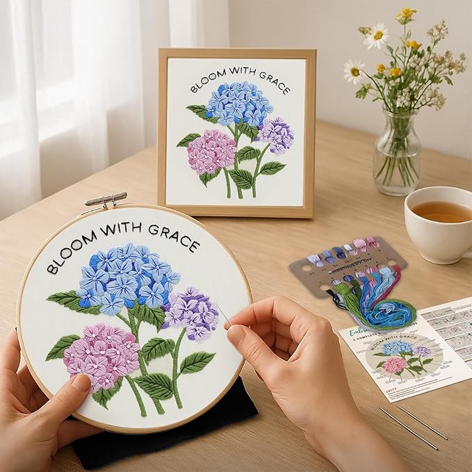 Nuberlic Hydrangea Embroidery Kits for Beginner Adults Cross Stitch Kit with Stamped Pattern Include Cloth Hoops Threads Needles