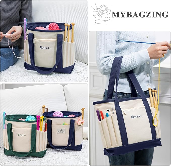 Canvas Yarn Storage Organizer Bag Washable Crochet Bag with Pockets for Yarn, Hooks, Needles – Travel Knitting Tote for Crafters – Gift for Crocheters & Knitters (Medium/Large)