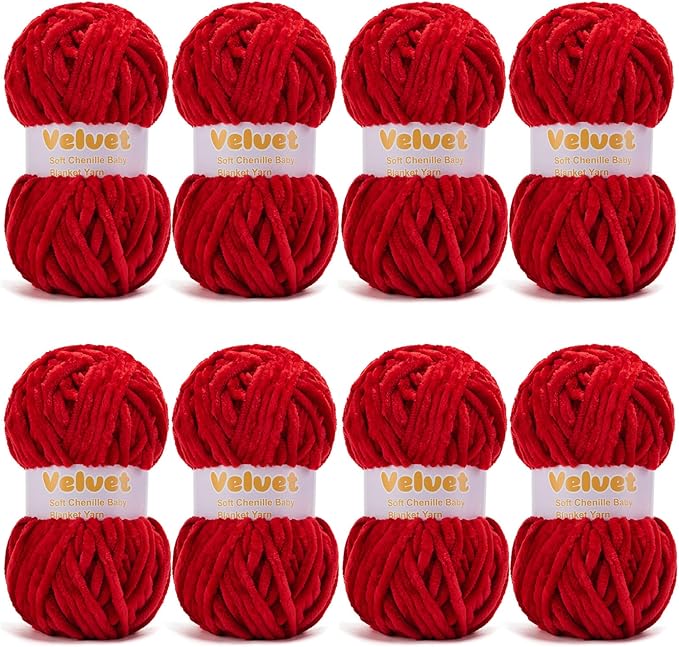 Velvet Yarn Chenille Yarn for Crocheting and Knitting Soft Chenille Bulky Baby Blanket Yarn DIY Weaving Craft 8pack Red(4oz 66yds Each)