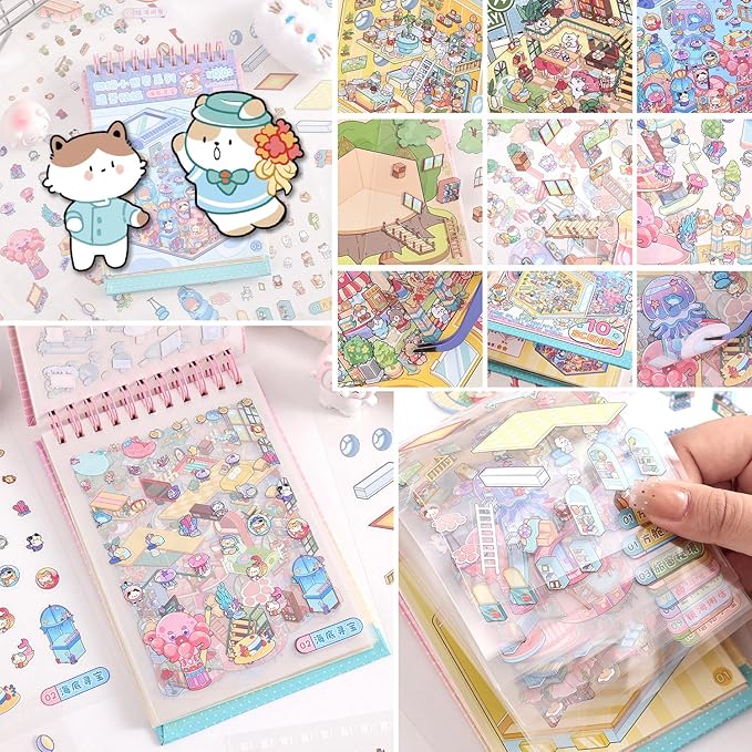 10 Sets DIY 3D House Stickers, Scene Miniature Scene Sticker Book, Cute Cartoon Scenes for Women Girls Teen Kids, Make Your Own Sticker, Fun Room Sticker BookRelief Stress Pass The Time