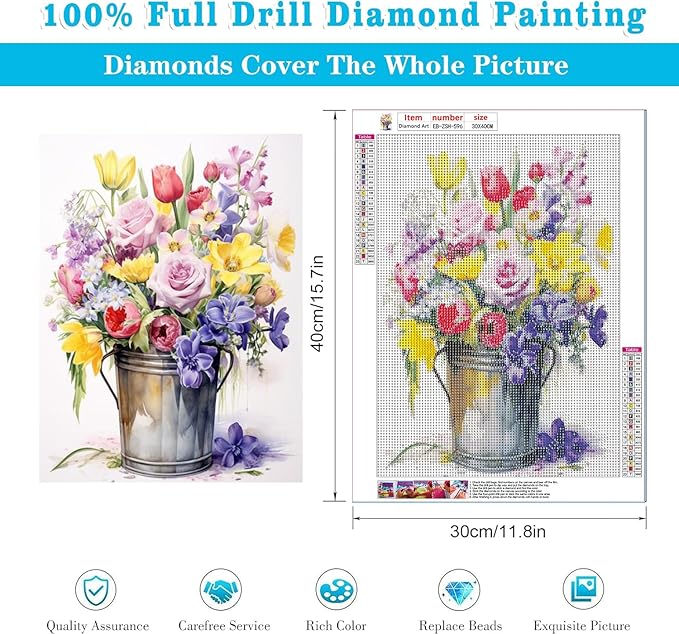 EIBEILI Diamond Painting Kits for Adults, Bucket Flowers Diamond Art for Beginner DIY Round 5D Paint by Diamonds Pictures Gem Full Drill Diamond Dots for Home Wall Decor Gifts 12x16inch