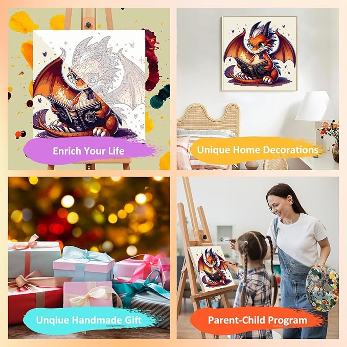 Paint by Numbers Kit for Kids with Frame, Dragon Paint by Numbers for Kids Ages 4-8-12, DIY Dragon Acrylic Oil Painting for Home Wall Art Decor Gift 7.8x7.8 inch (with Frame Easel)