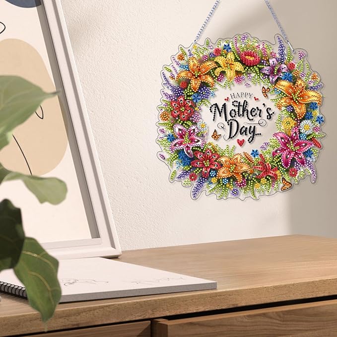 VODAPYC Mother's Day Diamond Art Hanging Kits for Adults, Acrylic DIY Double Sided Special Shaped Flower Diamonds Art Windows Pendant Ornament(Mother's Day Wreath)