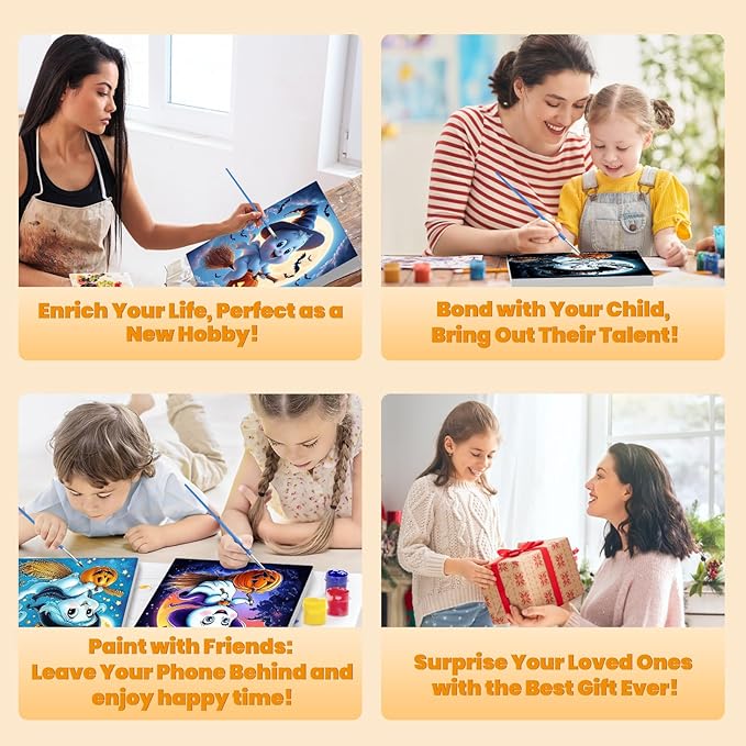 Bowetile 4 Pack Halloween Framed Paint by Numbers for Adults, Ghost Paint by Numbers for Kids Ages 8-12 on Canvas, Easy Acrylic Cartoon Number Painting Halloween Gifts for Home Wall Decor, 8x8in