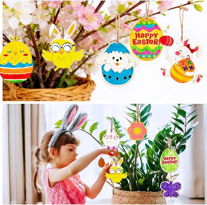Yodeeni 40Pcs Easter Crafts for Kids, Unfinished Wooden Ornaments DIY Crafts Painting Kit for Kids Ages 4-8 8-12 Easter Activities Party Favors Supplies Hanging Decorations Gifts Basket Stuffers