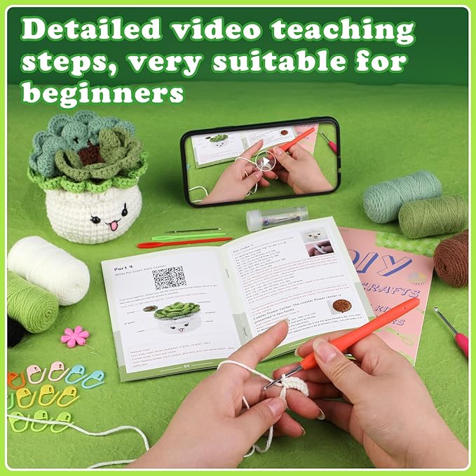 FTEVEN Crochet Kit for Beginners, 3PCS Coasters Potted Plants Crochet Starter Kit for Beginners Adults, Knitting Kit with Step-by-Step Video Tutorials and Crochet Yarns for DIY Christmas Decoration
