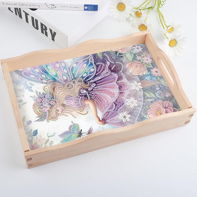 DIY Diamond Art Tray with Handle Diamond Art Painting Plate Creative Design Handmade Wooden Tray Mosaic Making Kits by Number Kits Diamond Art for Coffee Living Room Home Organizer (Purple Elf)