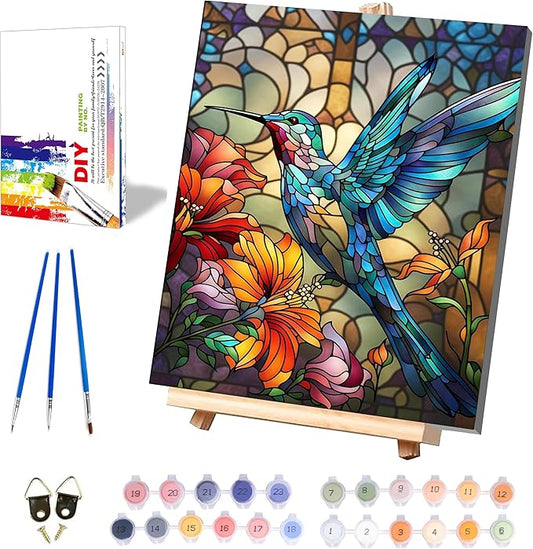 Hummingbird Paint by Numbers for Adults with Framed Canvas - with Wooden Easel, Paint by Number on Canvas, DIY Acrylic Oil Painting Kits with Brushes Nice Gift Box for Home Wall Decor (12x16 inch)