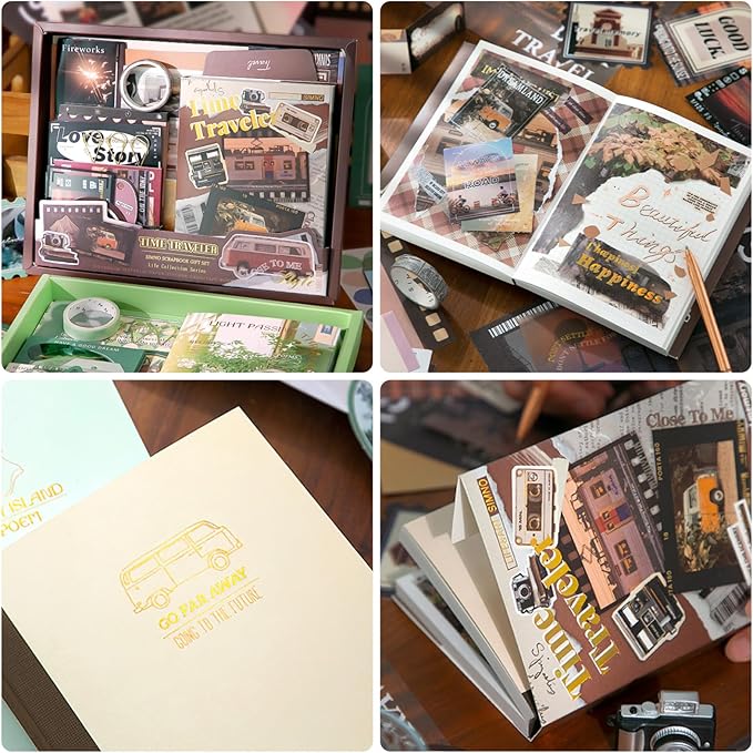 scrapbook supplies kit, vintage junk journaling supplies, scrapbooking kit with aesthetic ephemera stickers, stationary set, bullet journaling kit, collage craft supplies gift for adults women starter