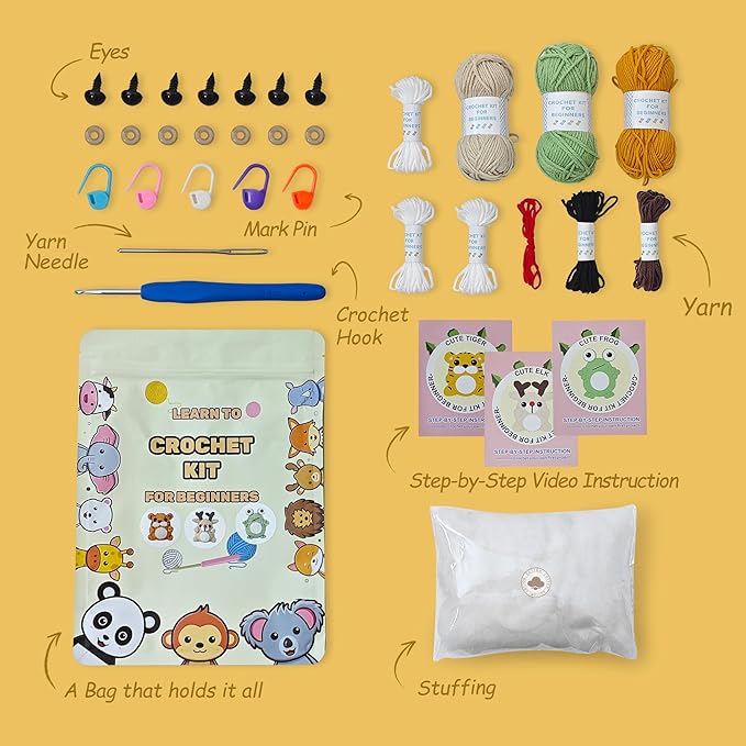 Kovarela Crochet Kit for Beginners Adults – Easy All-in-One Starter Pack with Fun Video Tutorials, Extra Yarn & Tools – DIY Amigurumi Craft Gift (Craft & Chill Edition)