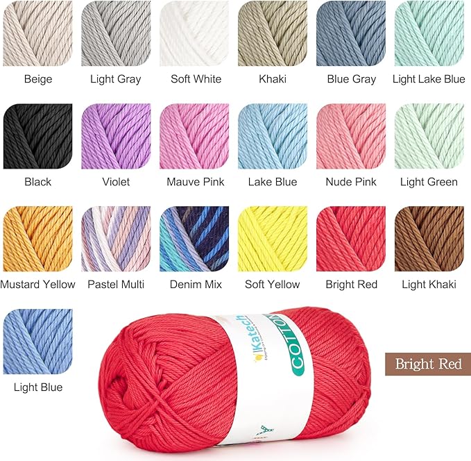Katech Pure Cotton Yarn for Crocheting & Knitting–Soft Sport Weight CYC #2, 6 Skeins (50g Each, 300g Total), Ideal Crochet Yarn for Dishcloths, Baby Clothes, Socks, Lightweight Scarves（Bright Red）