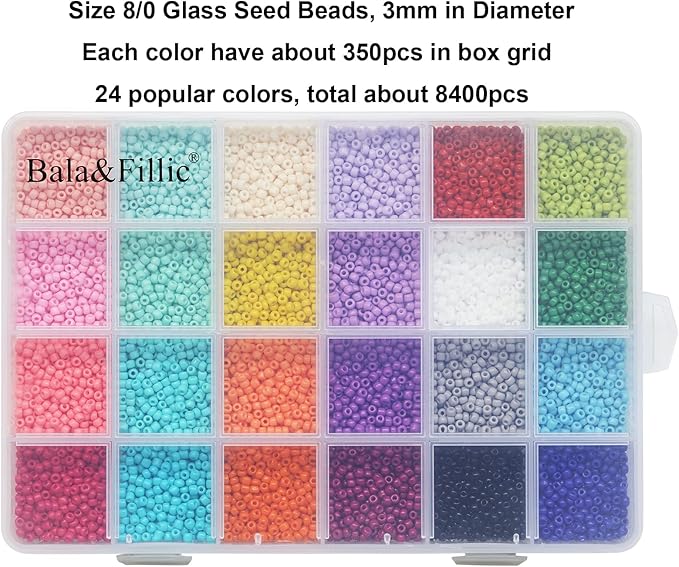 Bala&Fillic Size 3mm Seed Beads About 8400pcs in Box, 8/0 Glass Seed Beads for Making Bracelet Necklace Earring Jewelry (About 350pcs/Color, 24 Colors)