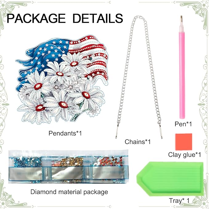 AiYuanzsh Patriotic Diamond Painting Hanging Ornament, American Flag with White Daisies, DIY 5D Diamond Art Pendant Kit with Chain, Independence Day Crystal Suncatcher Home Decoration Craft