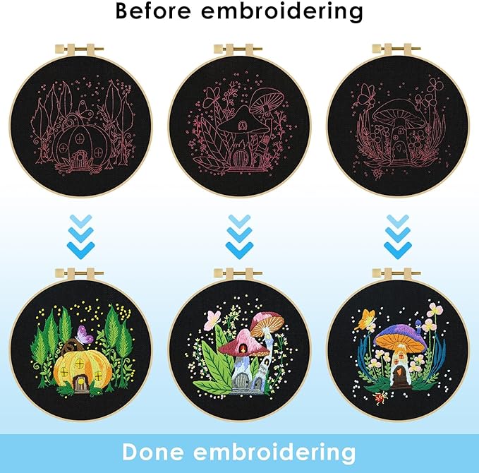 ERKOON 5 Sets Embroidery Kit for Beginners, Art Craft Handy Sewing Set Mushroom Cross Stitch Starter Kits, DIY Embroidery Kits with Patterns and Instructions Hoops Needles Threads