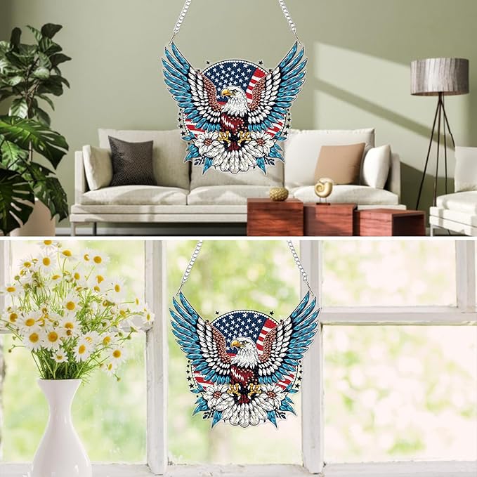 MXJSUA Eagle American Flag Diamond Painting Art Window Suncatchers, Diamond Art Kits for Adults Hanging Ornaments with Chain, 5D Special Shape Crystal Diamond Pendant Accessories for Decor Gift