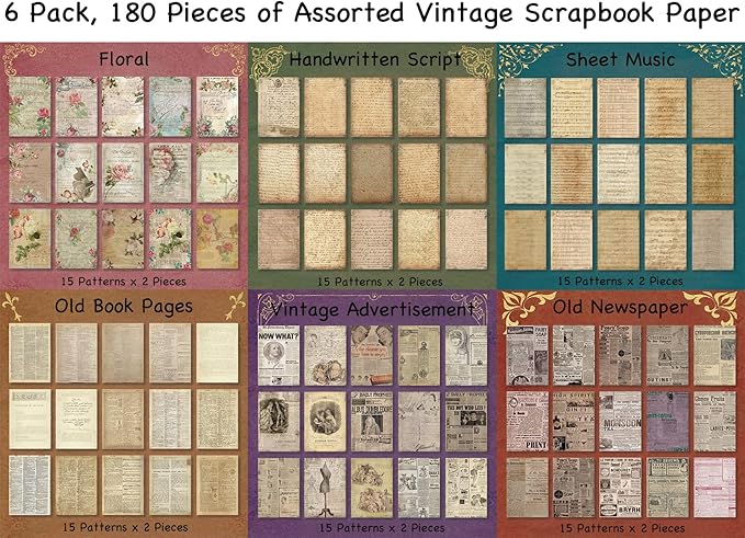 180 Sheets of Scrapbook Paper, Vintage Journaling Scrapbooking Supplies Craft Kits for Bullet Journals Junk Journal Planners Aesthetic Room Decor Wall Art Collage Album Cottagecore Picture Frames