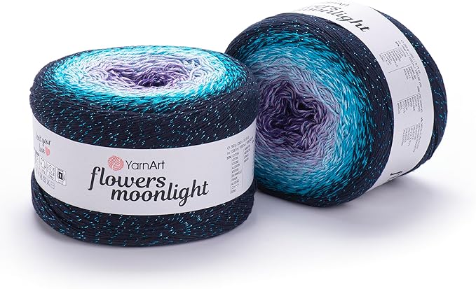 YarnArt Flowers Moonlight – Gradient Cotton Acrylic Yarn with Metallic Lurex, 9.17oz (250g), 1093 Yards – Shiny, Multicolor Cake Yarn for Crochet, Knitting, Shawls & DIY Projects (3254)