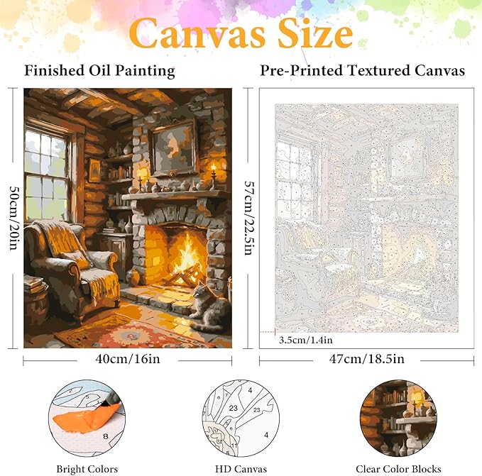Okarina Paint by Numbers Kit for Adults Beginner Fireplace, Adult Paint by Number Kits on Canvas, Log Cabin DIY Acrylic Oil Painting by Numbers for Adults, Perfect for Home Wall Decor 16X20 Inch