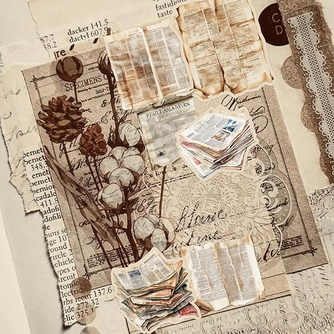 100Pcs Vintage Newspaper Stickers - Vinyl Retro Aged Decals for Journaling, Scrapbooking, Laptop | Authentic Old News/Coffee Stain Designs | Gift for Retro Lovers, Handicrafters