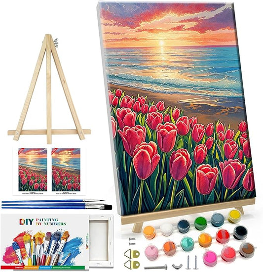 ATDMS Paint by Numbers Kit for Adults with Frame, Flowers Paint by Number with Easel,DIY Seaside Sunset Adult Paint by Number Kits Canvas Oil Painting Kit for Home Wall Decor 8 x 12 Inch