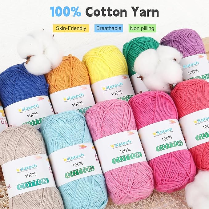 Katech Pure Cotton Yarn for Crocheting & Knitting–Soft Sport Weight CYC #2, 6 Skeins (50g Each, 300g Total), Ideal Crochet Yarn for Dishcloths, Baby Clothes, Socks, Lightweight Scarves（Buttercream）