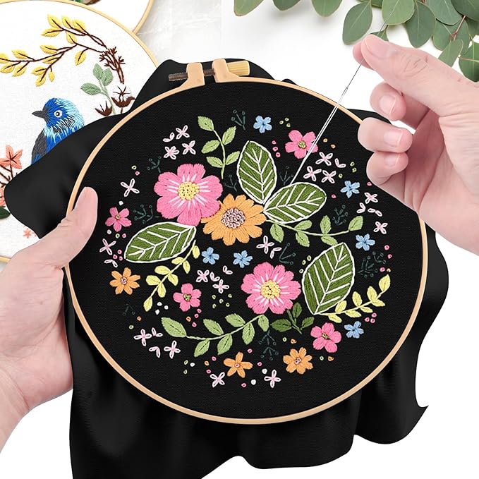 ERKOON 4 Sets Embroidery Kit, Floral Cross Stitch Set for Include Embroidery Cloth Hoops Threads for Craft Lover Hand Stitch(Floral)