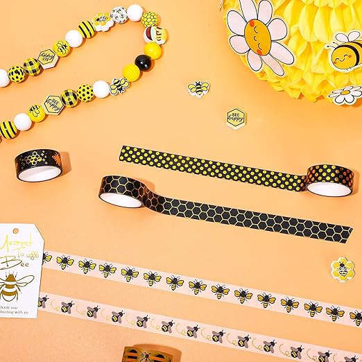 Whaline 12 Rolls Bee Washi Tape Foil Gold Honey Bee Washi Masking Tape 0.6 Inch Wide Bumblebee Honeycomb Daisy Print Decorative Adhesive Masking Tapes for Scrapbook Gift Wrapping DIY Art Crafts