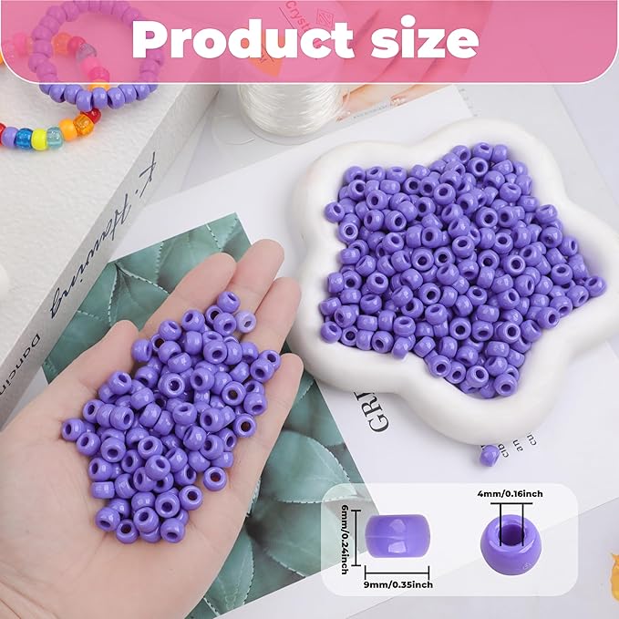 Plastic Pony Beads, 1000 Pcs, 6x9mm, for Bracelet, Hair Braiding, Friendship Bracelets, Jewelry Making (Purple)
