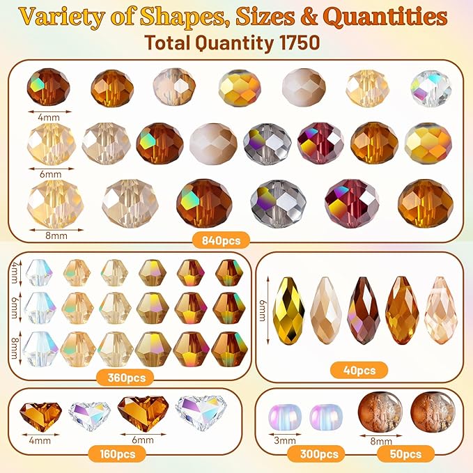 1750 Pcs Glass Beads for Jewelry Making – High Shine, Faceted Cut Design Crystal Beads, DIY Bracelet Necklace Earring Craft Kit with Organizer Box for Valentine's Day Birthday Gifts, Champagne