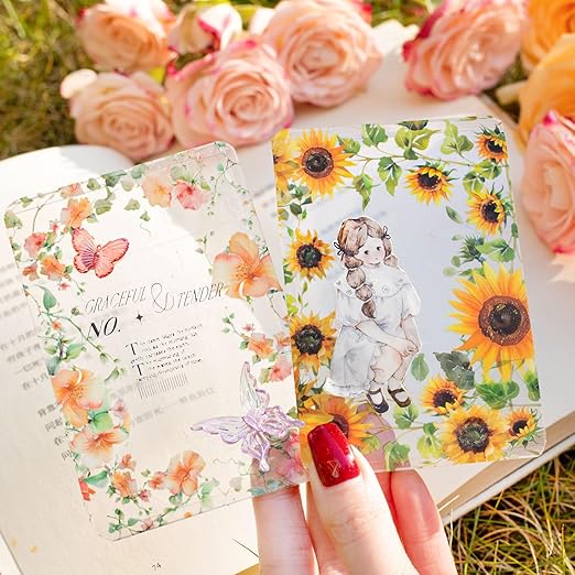 6Rolls Floral Washi Tape Set PET 50mm Wide Washi Sticker for Junk Journaling Stickers Scrapbook Stickers Vintage Washi Tapes Scrapbooking Supplies Decorative Tape for Crafts, 6.6ft Long