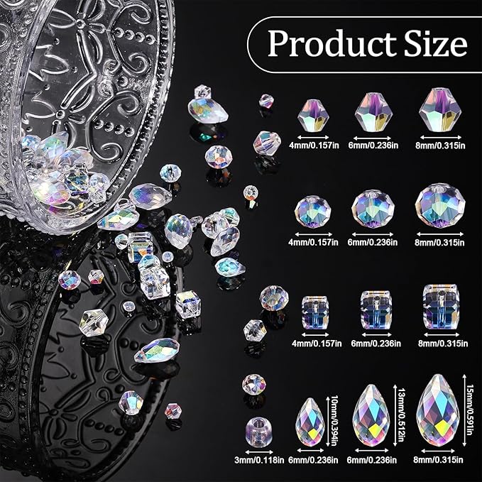 Song Xi 1500PCS Glass Beads for Jewelry Making, Assorted Faceted Crystal Beads Kit for Bracelet Earring Necklace, Horizontal Hole Crystal Teardrop for DIY Clear St. Patrick's Day Gift (AB White)