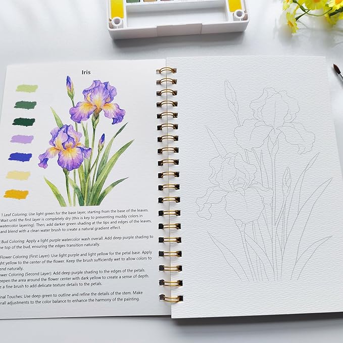 Watercolor Workbook,Water Coloring Book for Adult & Teens Beginners,15 Beautiful Flowers Designs 300gsm Cold Press Cotton Watercolor Paper,Perfect Gifts to Spark Creativity Stress Relief(10.2" x 6.9")