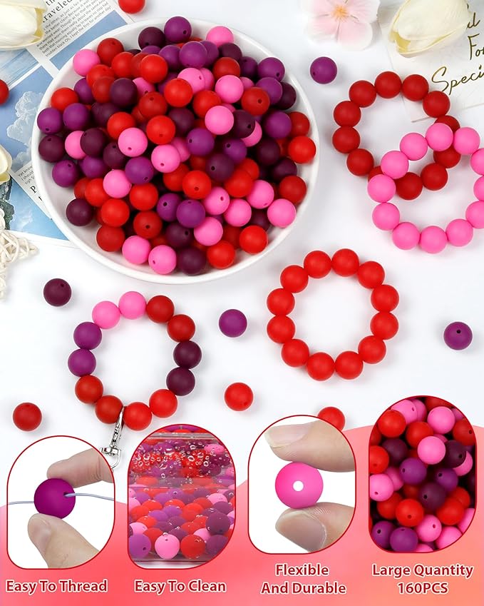 160pcs fiveizero 12mm silicone beads for keychain making, red mixed 6 colors round silicone bead bulk for pens, rubber beads for bracelets and diy crafts