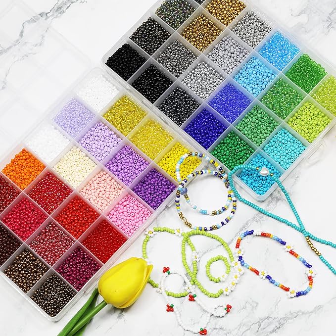 18800Pcs 3mm 48-Color Glass Seed Beads + 260 Alphabet Letter Beads DIY Jewelry Making Kit | Adult Craft Supplies with Elastic String, Charms, Rings for Bracelet Necklace Art Projects