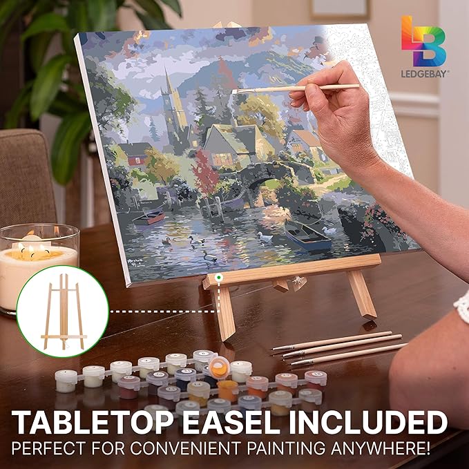 Ledgebay DIY Paint by Numbers Kit for Adults Framed Canvas: Beginner to Advanced Paint by Numbers Kit, Kits Include Acrylic Paint Set Brushes & Tabletop Easel (Mountain Village 12"x16" Framed)
