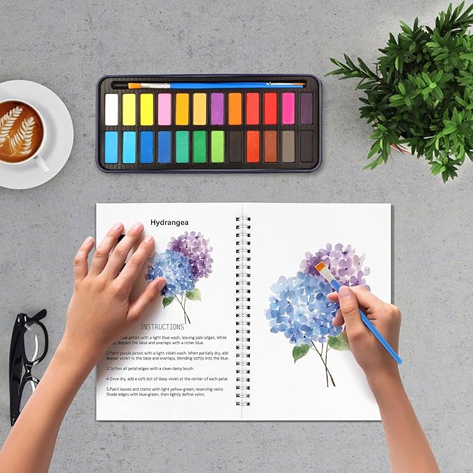 Floral Watercolor Workbook for Beginners with 24 Colors Paint Set – Water Coloring Book with 12 Flower Designs, Step-by-Step Painting Guide, Relaxing Watercolor Workbook Art Kit for Adults Teens