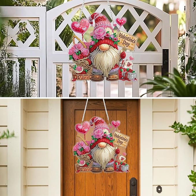 MXJSUA Diamond Art Hanging Kits for Adults Beginners, Valentine's Day Gnomes DIY Acrylic Special Shaped Crystal Diamond Gem Art Pendant Drills Painting Ornament for Home Wall Decor and Gift