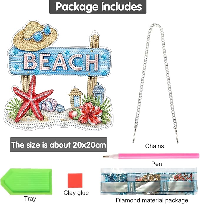 Bimkole Beach Diamond Art Hanging Kit for Adult, DIY 5D Diamond Painting Starfish Window Pendant, Acrylic Crystal Art Hanging Ornament Home Wall Garden Front Door Sign Outdoor Decor 7.8x7.8 Inch