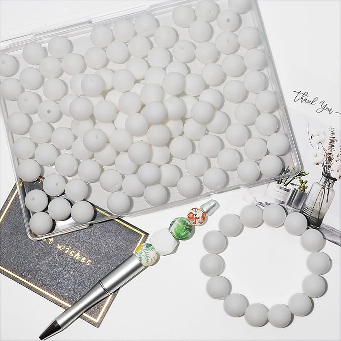 120pcs 15mm Silicone Round Beads for DIY Crafts, Keychains, Pens, Necklaces and Bracelets Making,Assorted Rubber Beads Set (White)