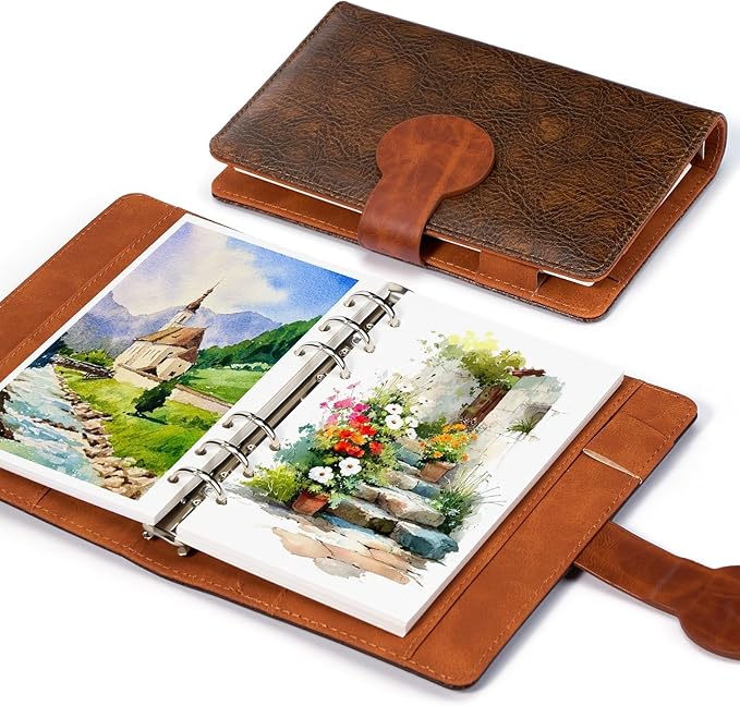 Lightwish Watercolor Sketchbook 100% Cotton, 300gsm (140lb) - 6.69" x 3.94" Hot Press Watercolor Paper Journal Notebook - 20 Sheets with PU Leather Cover for Drawing Mixed Media