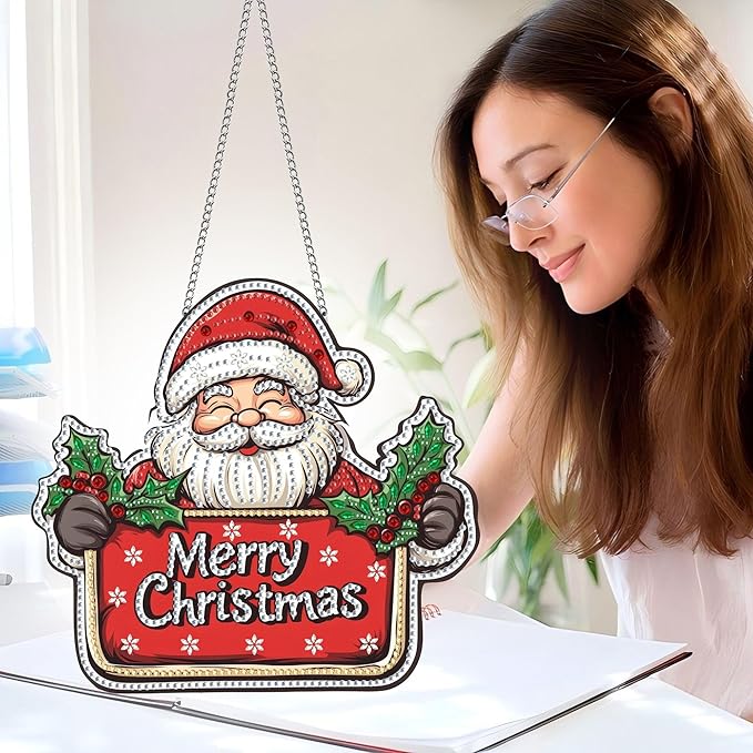 Pavemlo Hanging Diamond Art Kits for Adults Santa Claus – 8x8 Inch Double-Sided Acrylic Board DIY Crystal Diamond Suncatcher Pendant, Sparkling Home Wall or Window Decoration Handmade Gift