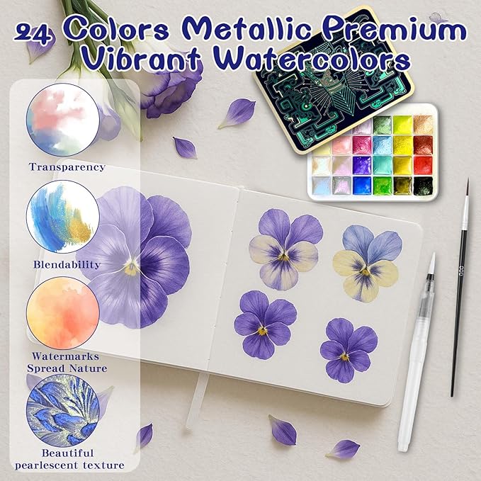 Mini Watercolor Paint Set - 24 Colors Glitter Travel Watercolor Set, Portable Metallic Water Color Paints Palette Box with Watercolor Book,Clips,Pens,Storage Bag for Painting Lovers and Artists