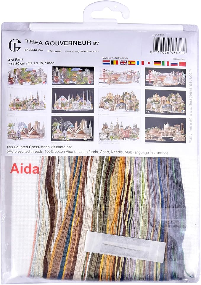 Thea Gouverneur - Counted Cross Stitch Kit - Paris - Aida - 18 Count - Embroidery Kit for Adults - DMC Embroidery Threads and Other Cross Stitch Supplies Included - 472A